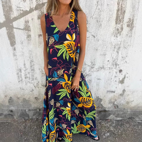 Robe longue femme – Sans manches – Imprimé tropical – Coupe évasée fluide