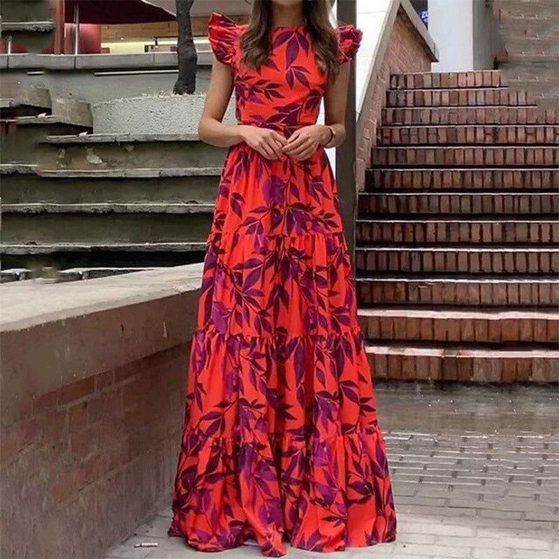 Robe longue femme – Coupe évasée élégante – Manches volantées – Jupe à étages – Imprimé audacieux