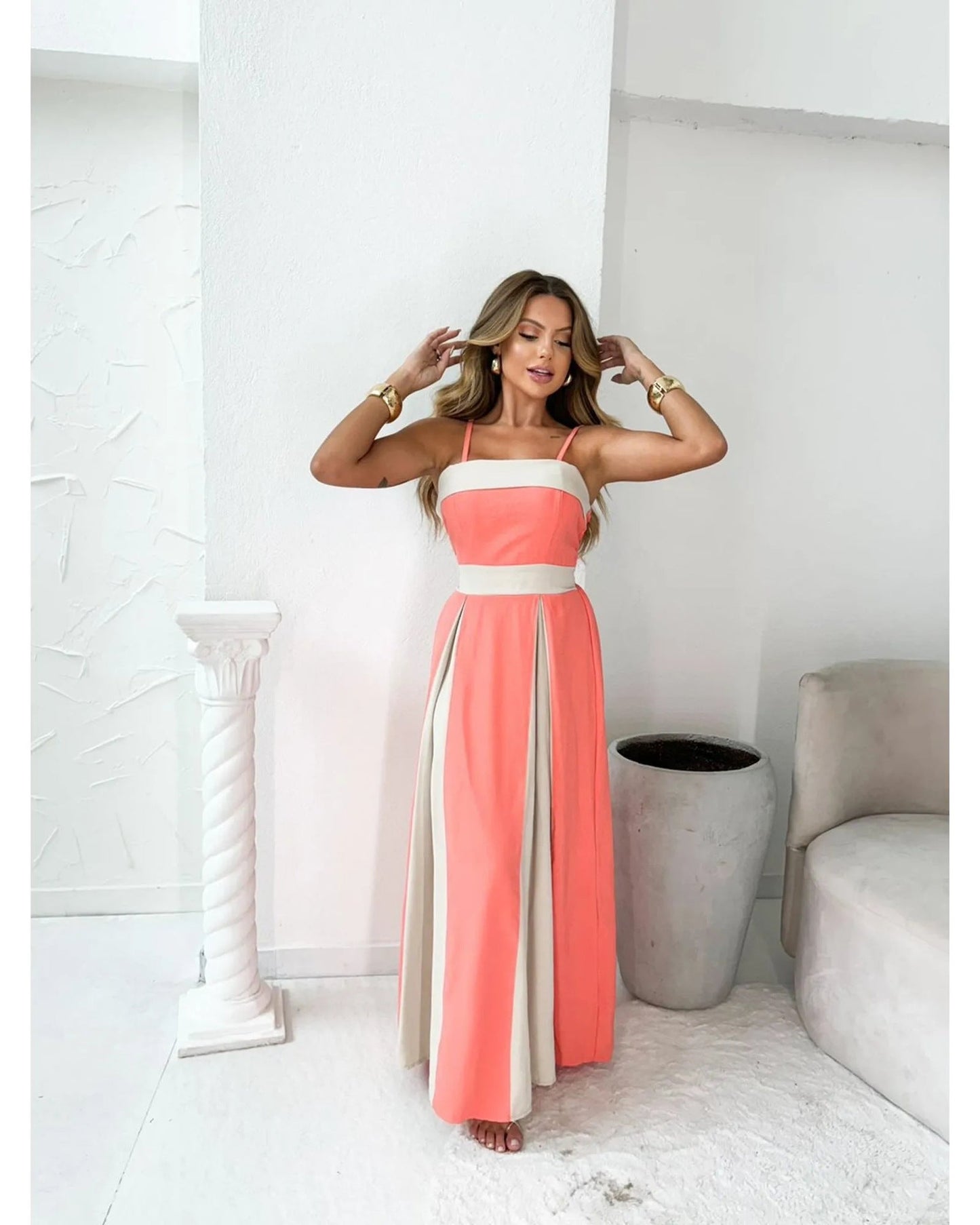 Robe longue femme – Taille haute – Bretelles fines – Coupe évasée élégante