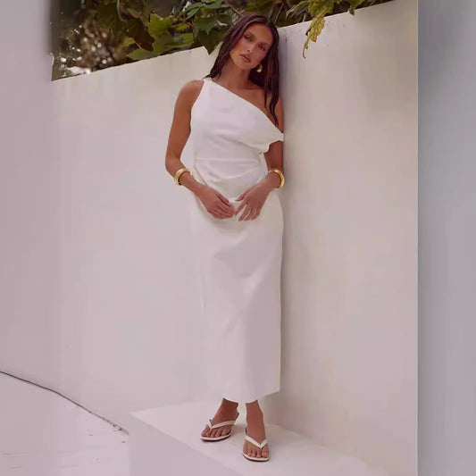 Robe midi femme – Coupe ajustée – Épaule asymétrique – Tissu fluide élégant