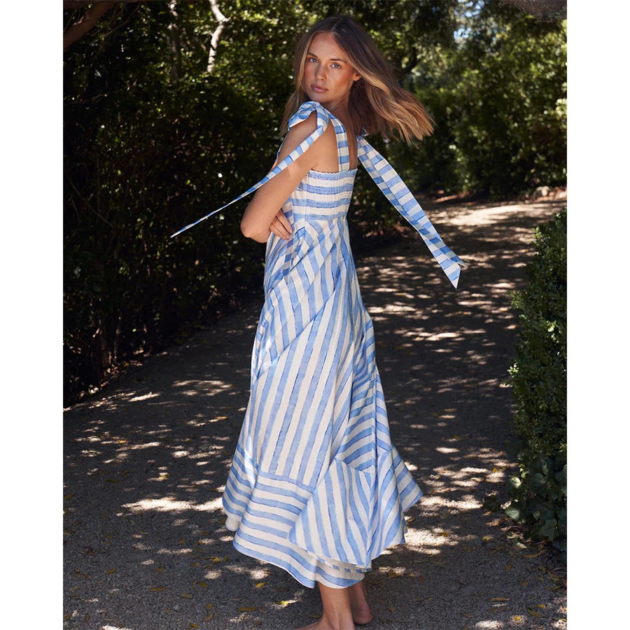 Robe longue femme – Coupe fluide – Bretelles à nouer – Haut smocké – Tissu respirant