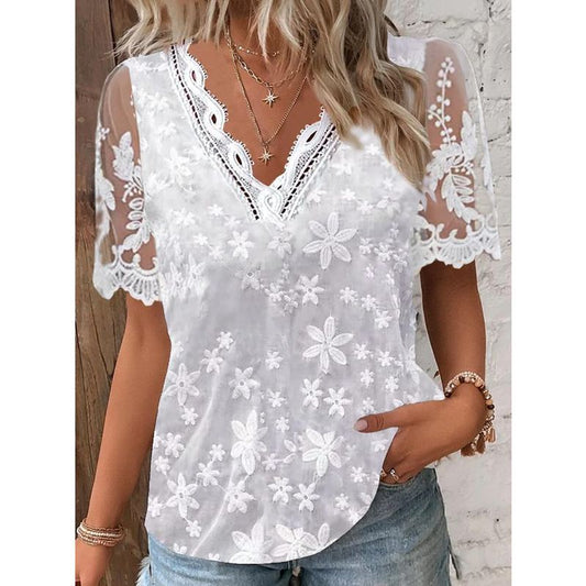 Blouse femme – Coupe décontractée – Manches transparentes – Broderie florale – Col V