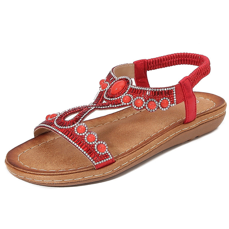Sandales femme – Semelle plate – Bride élastique – Détail perles bohème confort