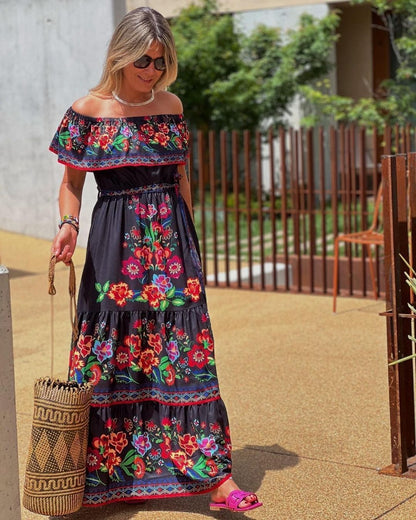 Robe longue femme – Épaules dénudées – Imprimé fleuri – Ceinture taille ajustable