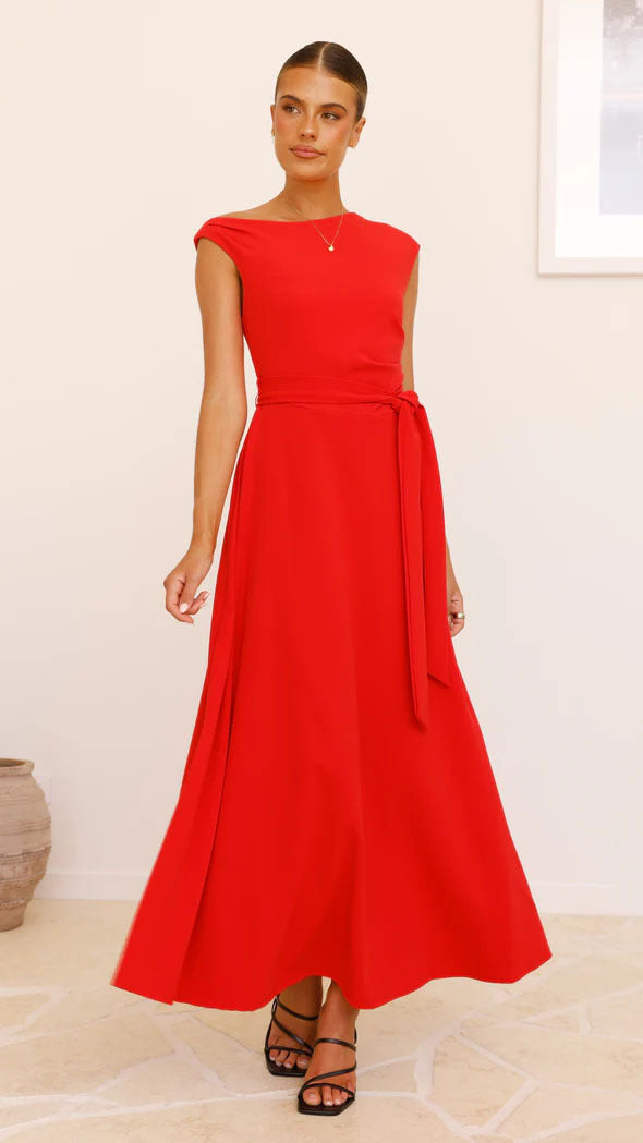 Robe longue femme – Épaule dénudée – Encolure asymétrique – Ceinture taille – Tissu fluide