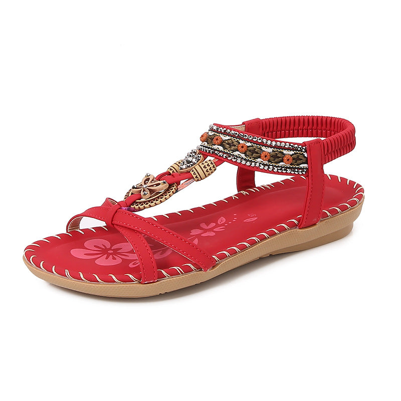 Sandales plates femme – Bout ouvert – Strass et perles – Bride tressée bohème