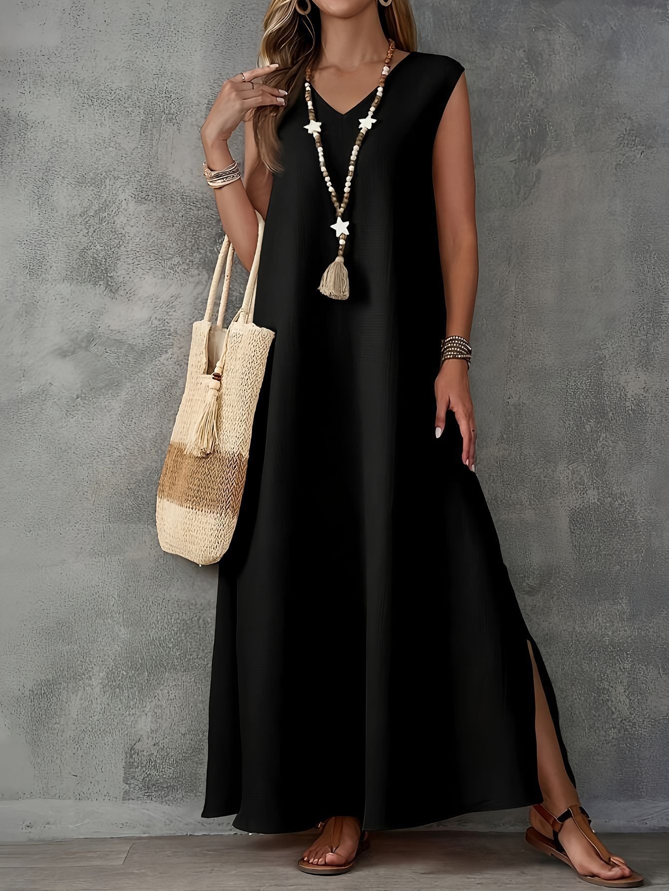 Robe longue femme – Coupe fluide – Décolleté en V – Sans manches – Coton