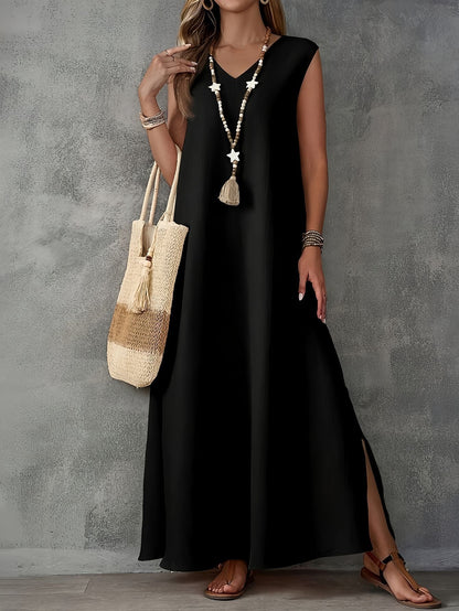 Robe longue femme – Coupe fluide – Décolleté en V – Sans manches – Coton