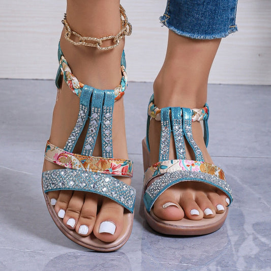 Sandales Compensées Femme – Bout Ouvert – T-Brides Strass – Style Bohème Fleuri