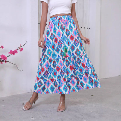 Jupe longue femme – Coupe fluide – Style bohème – Taille lien à pampilles – Coton