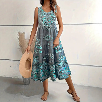 Robe midi femme – Coupe évasée – Sans manches – Col rond – Imprimé fleuri – Coton