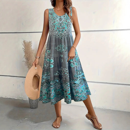 Robe midi femme – Coupe évasée – Sans manches – Col rond – Imprimé fleuri – Coton