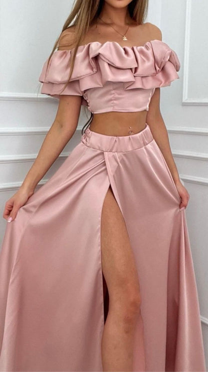 Women's set – Top cropped off-the-shoulder with ruffles – Skirt long high-waisted with slit