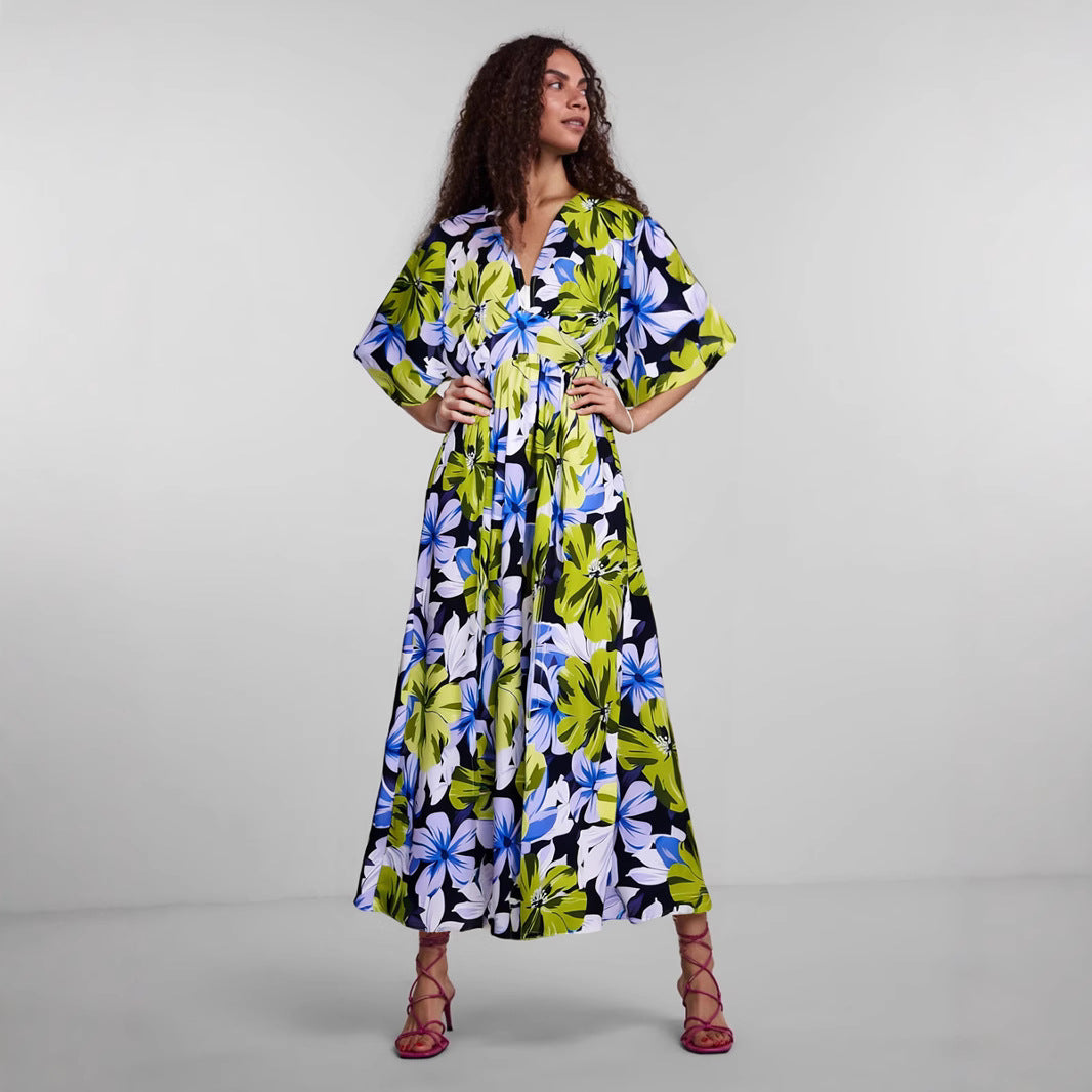 Robe femme – Taille haute – Tissu fluide respirant – Imprimé – Manches courtes larges