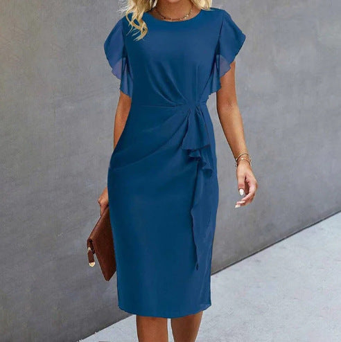 Robe midi femme – Tissu fluide – Taille drapée – Manches papillon élégantes