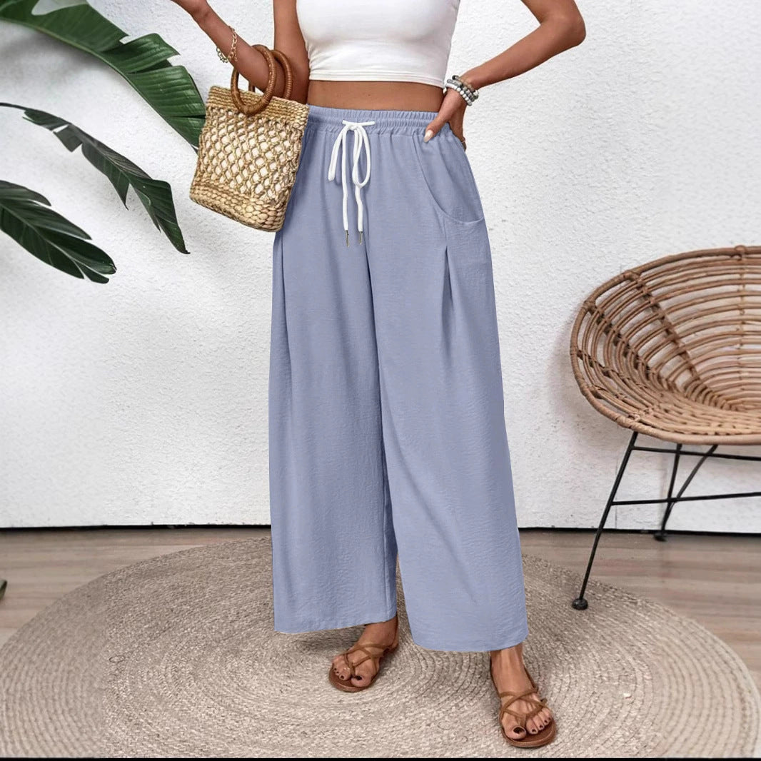 Pantalon large femme – Coupe décontractée – Taille élastique avec cordon