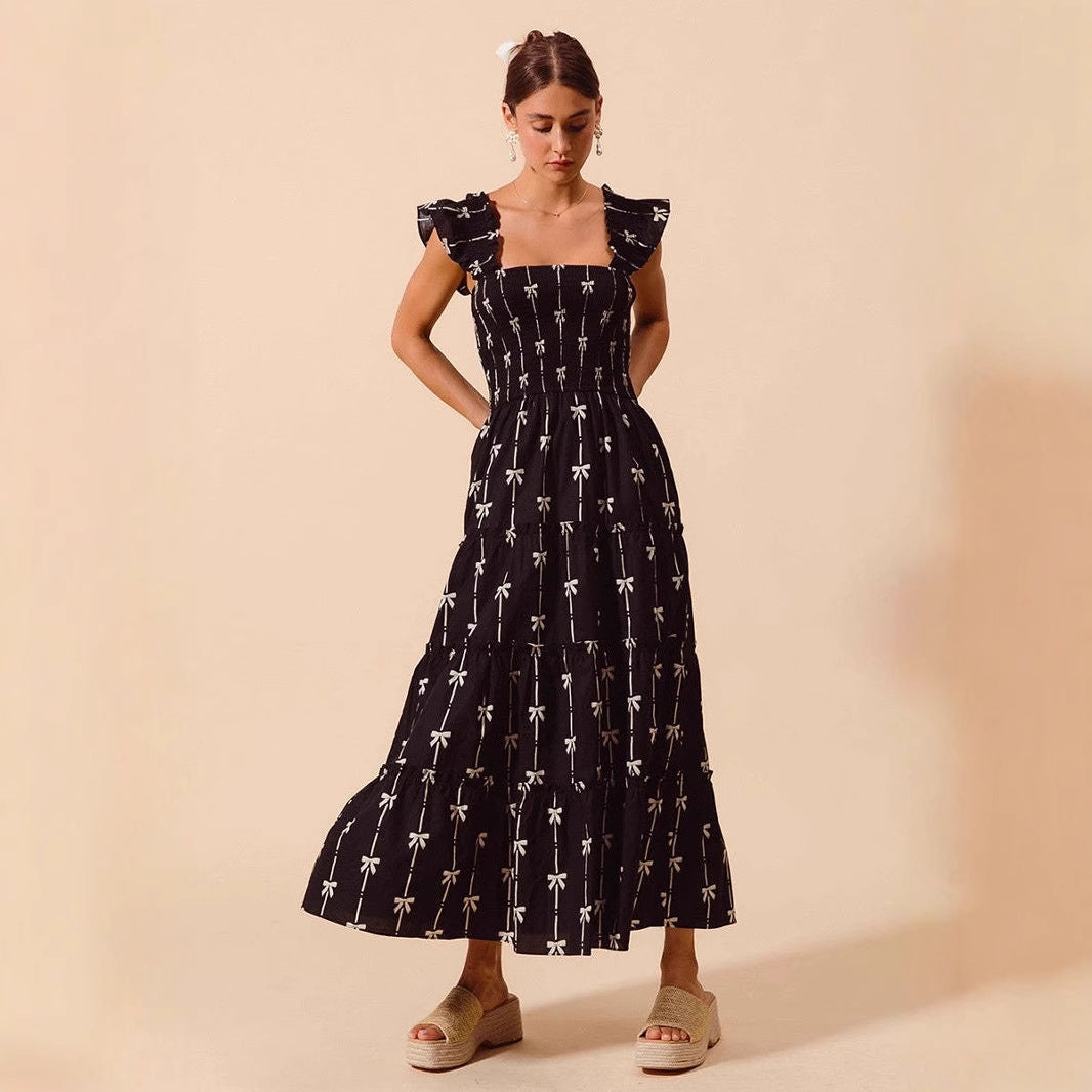 Robe longue femme – Bretelles à volants – Tissu respirant – Buste smocké élégant