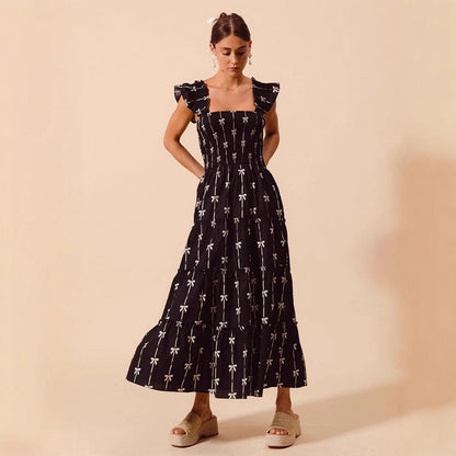 Robe longue femme – Bretelles à volants – Tissu respirant – Buste smocké élégant