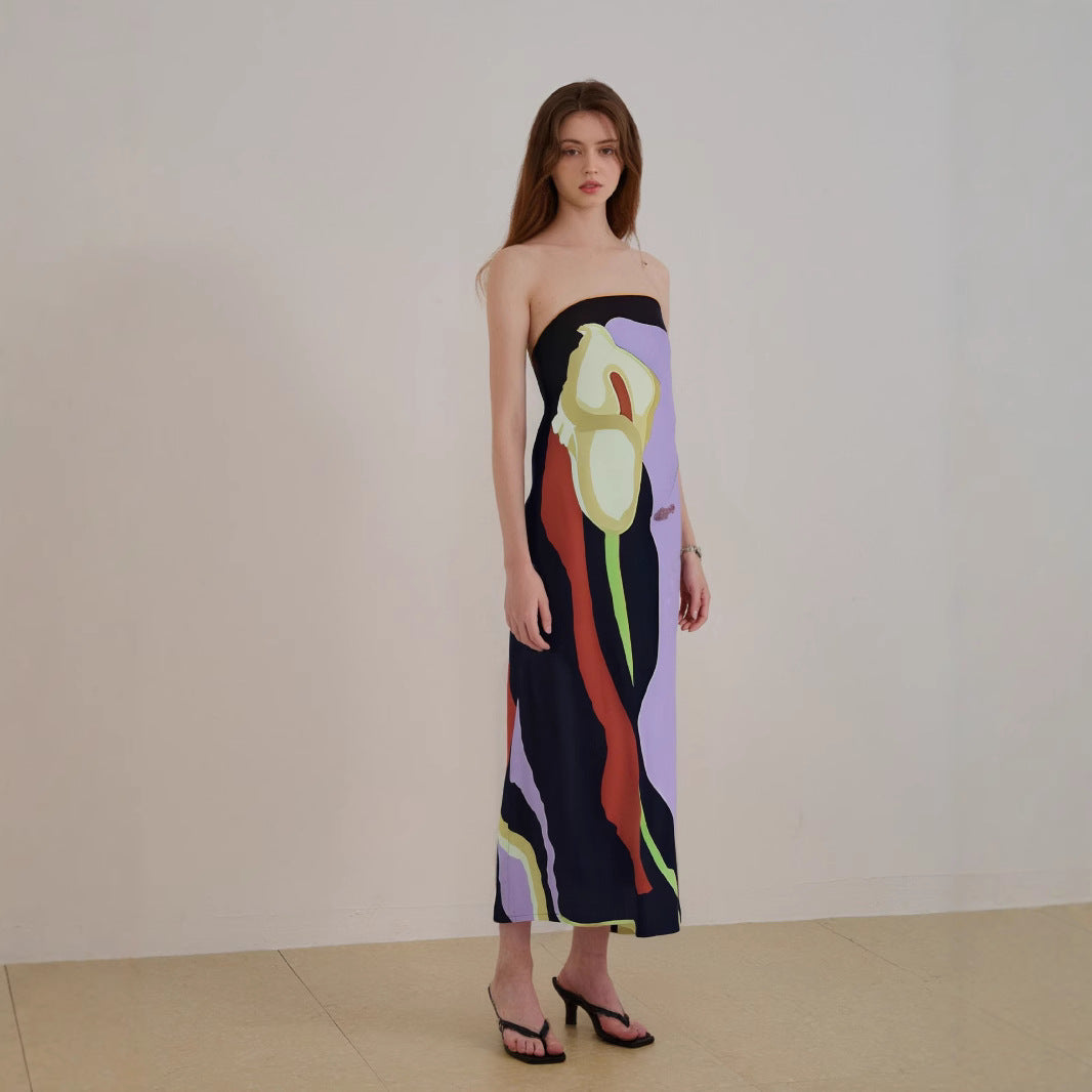 Women's midi dress – Strapless – Abstract print – Elegant fluid cut