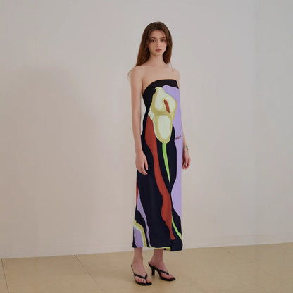 Women's midi dress – Strapless – Abstract print – Elegant fluid cut