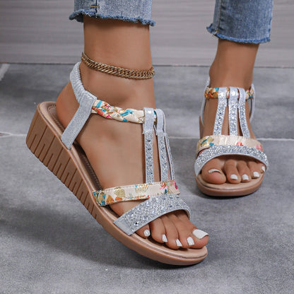Sandales Compensées Femme – Bout Ouvert – T-Brides Strass – Style Bohème Fleuri