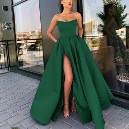 Robe de soirée femme – Bustier structuré – Tissu luxueux – Jupe évasée à fente