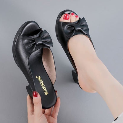 Sandales à talons femme – Bout ouvert – Talon épais – Nœud décoratif – Effet lisse