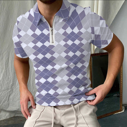 Polo for men – Slim fit – Checked pattern – Zip collar short sleeves
