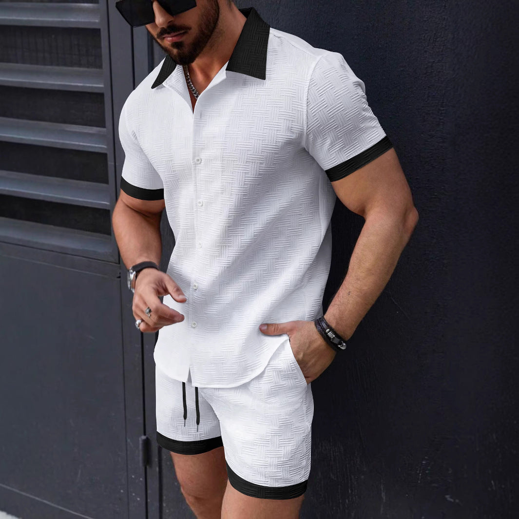 Men's Shirt and Shorts Set – Relaxed Fit – Jacquard Fabric – Turn-Down Collar
