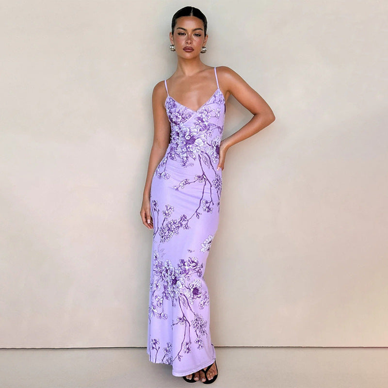 Robe longue femme – Coupe ajustée – Bretelles fines – Col en V – Imprimé fleuri