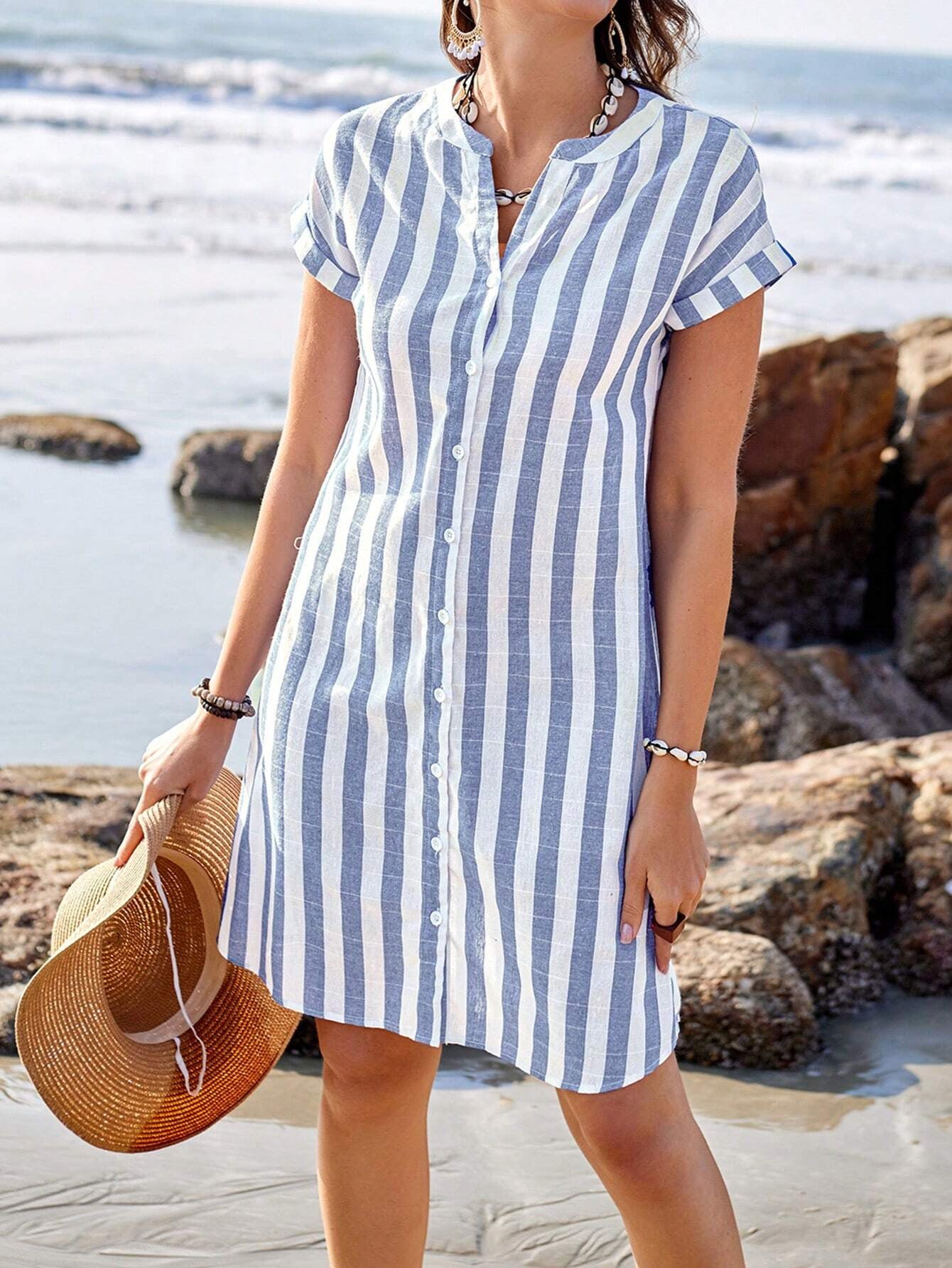 Robe chemise femme – Coupe ample – Rayures verticales – Manches courtes – Coton