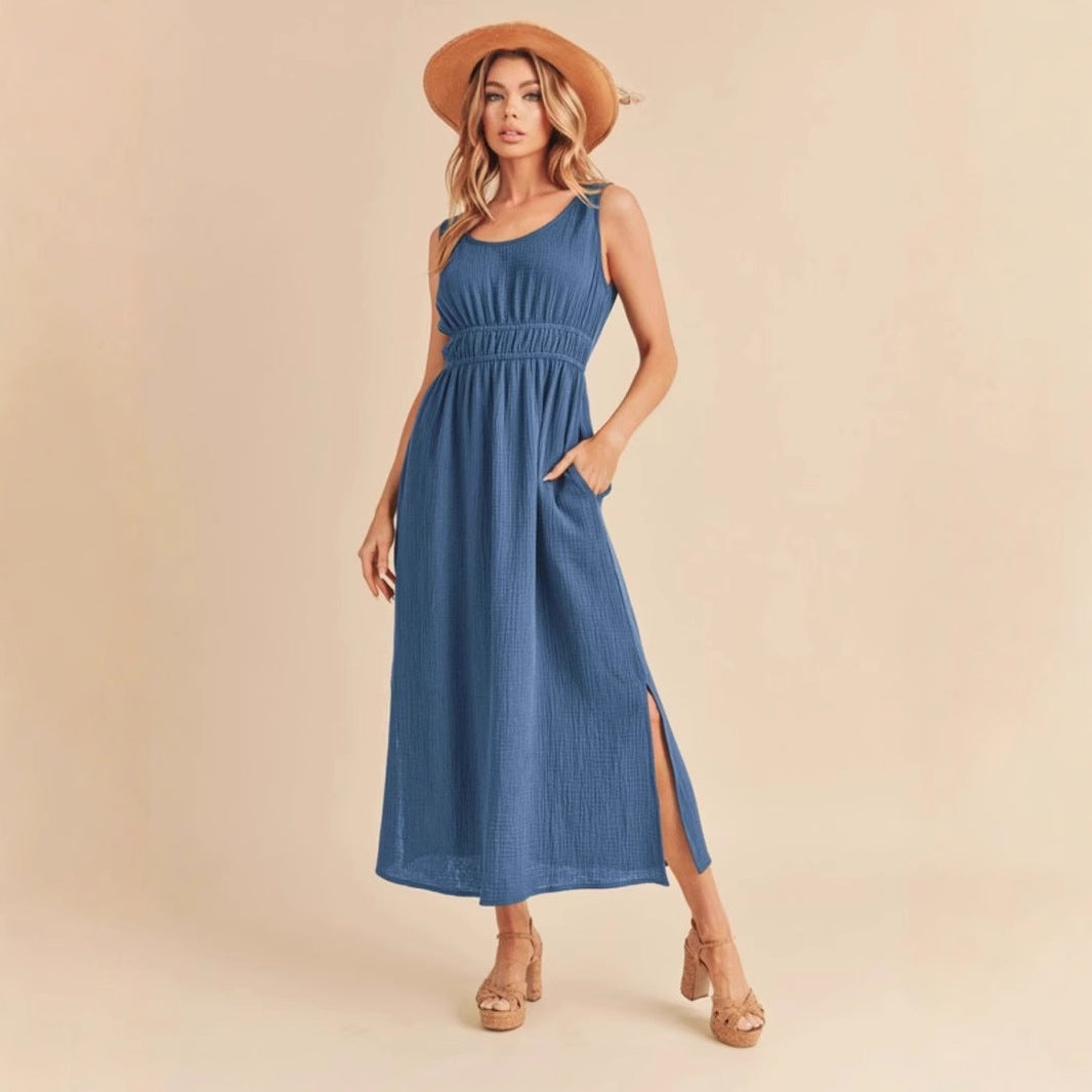 Robe femme sans manches – Coupe évasée – Tissu respirant – Longueur midi – Poches pratiques