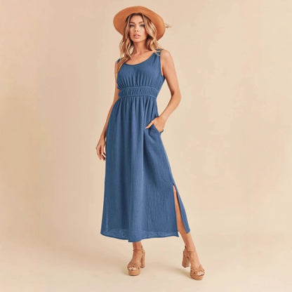Robe femme sans manches – Coupe évasée – Tissu respirant – Longueur midi – Poches pratiques