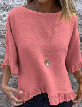 Blouse femme manches courtes – Lin coton – Coupe ample – Col rond – Ourlet volanté