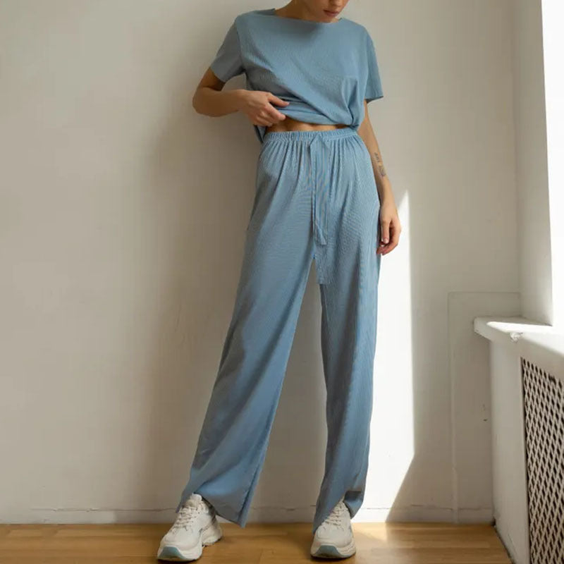 Women's Loungewear Set – Cropped Top Short Sleeves – Wide Pants – Drawstring Waist