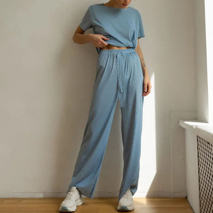 Women's Loungewear Set – Cropped Top Short Sleeves – Wide Pants – Drawstring Waist