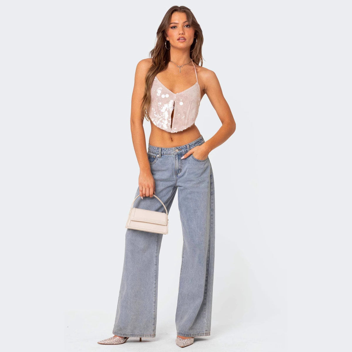 Top court femme – Dos nu à sequins – Décolleté plongeant – Coupe ajustée soirée