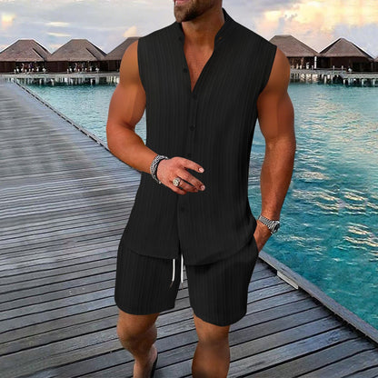 Ensemble chemise et short pour homme – Sans manches – Lin – Coupe décontractée – Col mandarin – Boutonné