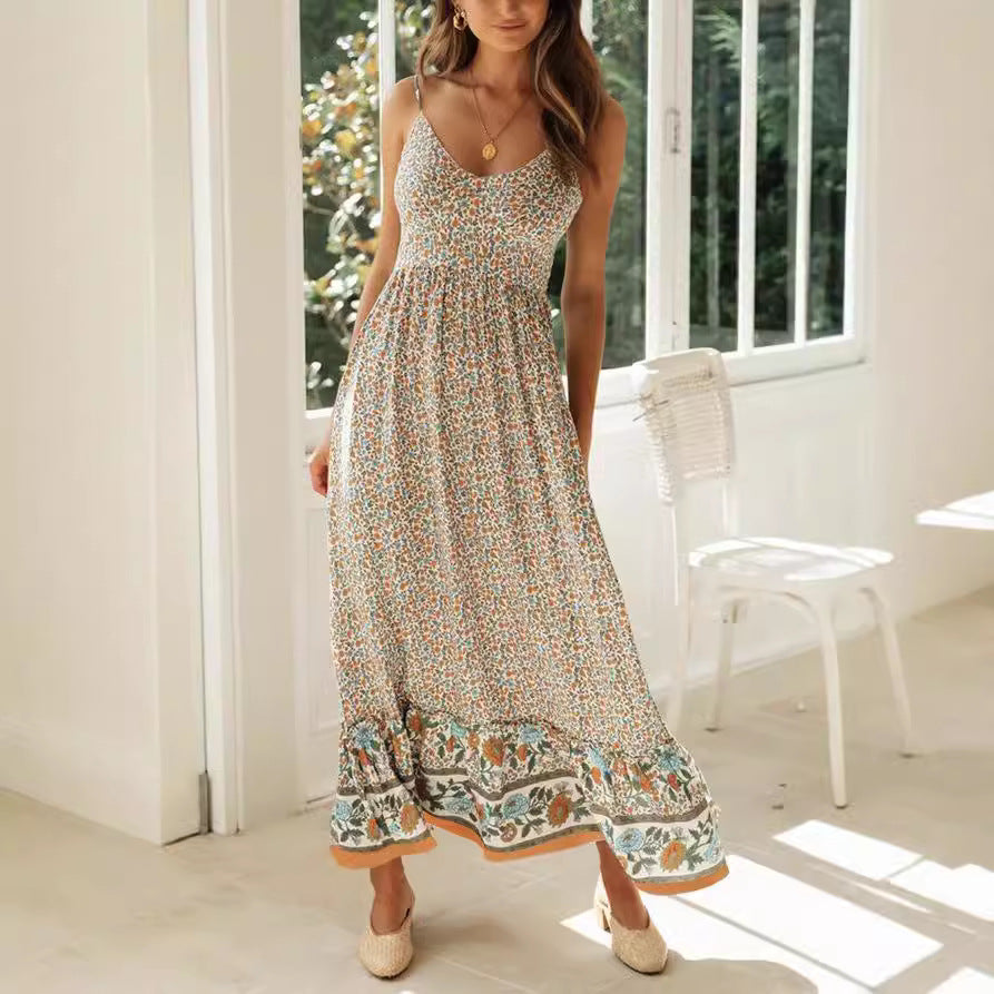 Robe longue femme – Coupe fluide – Décolleté en V – Bretelles fines – Imprimé bohème