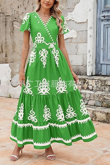 Robe longue femme – Coupe évasée – Imprimé fleuri – Manches courtes – Tissu respirant