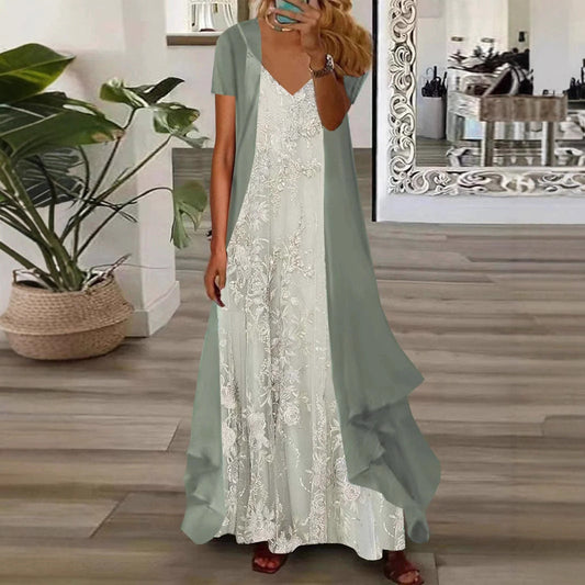 Robe femme – Ensemble de deux pièces – Coupe fluide – Tissu léger – Détails floraux brodés – Col V