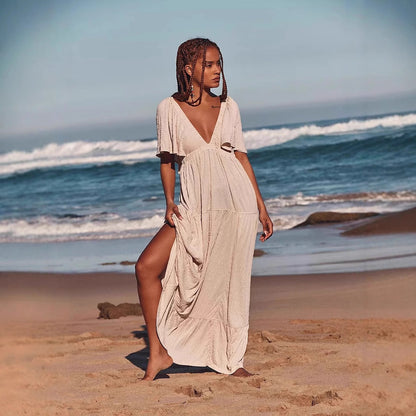 Robe longue femme – Coupe fluide – Décolleté en V – Manches courtes – Dos ouvert