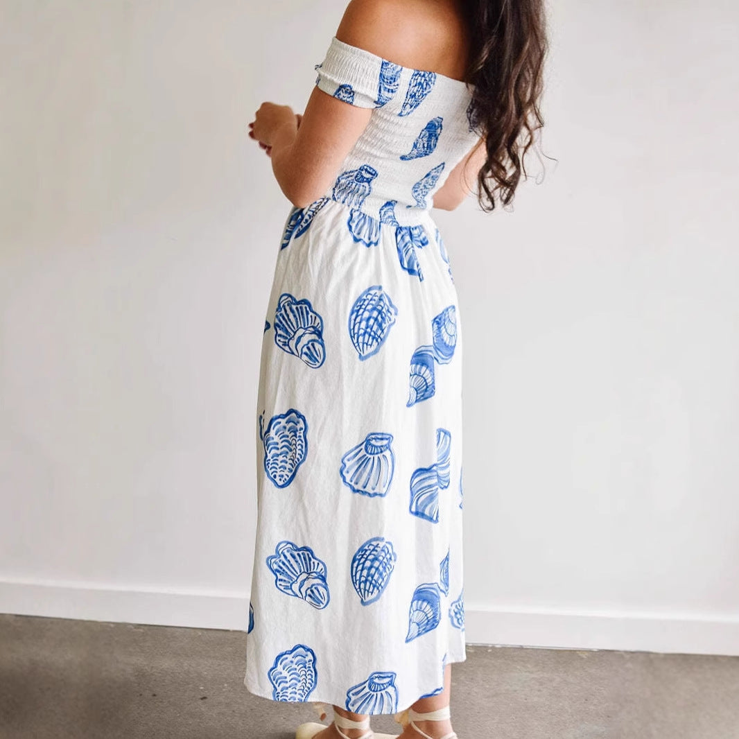 Robe femme épaules dénudées – Coupe évasée – Imprimé coquillage – Tissu respirant