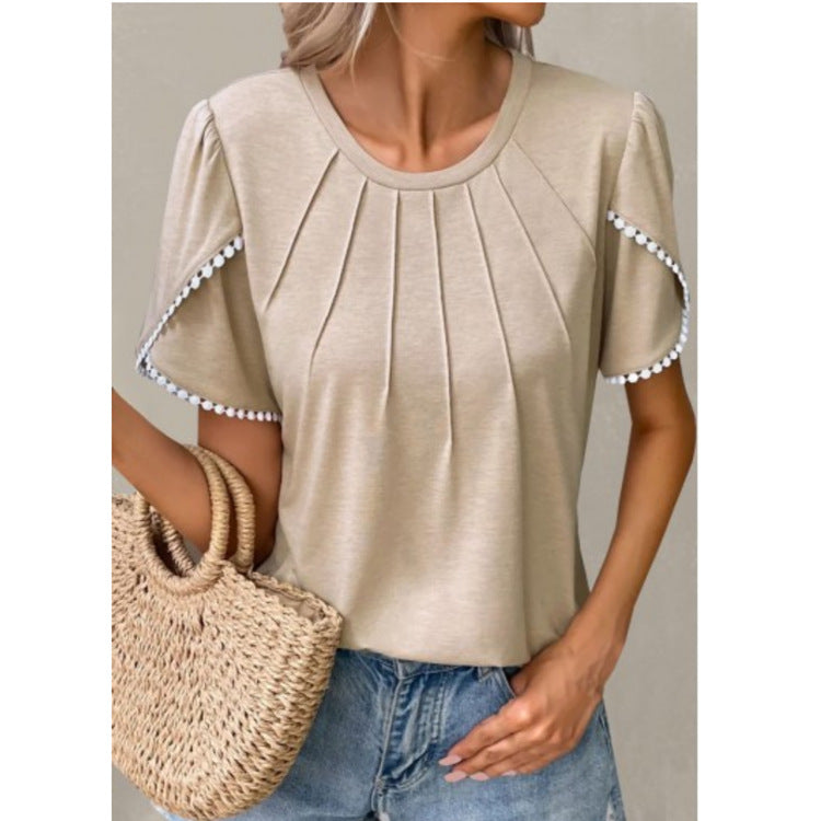 T-shirt femme – Coupe décontractée – Maille douce – Manches à volants – Plis devant