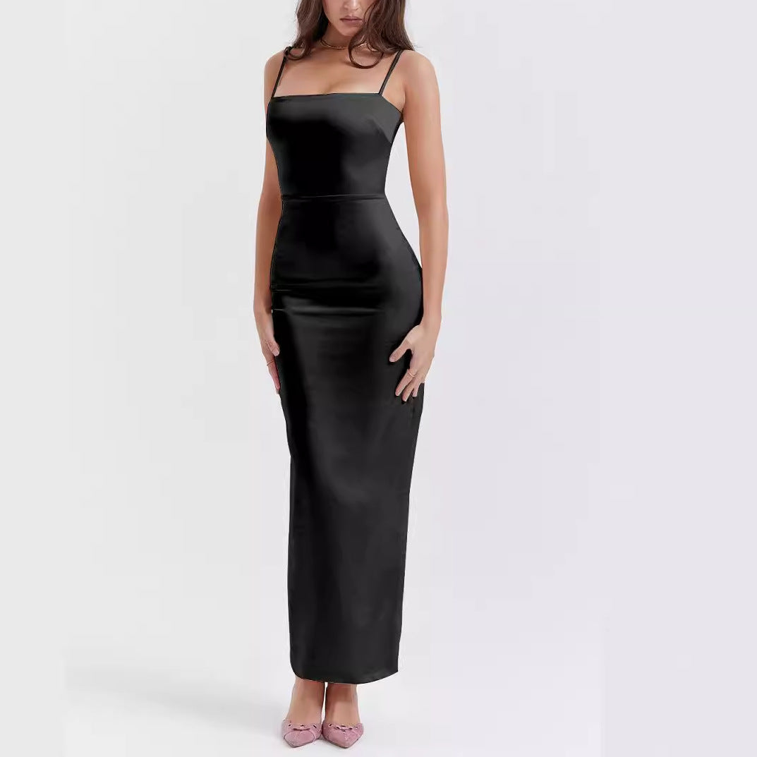 Robe longue femme – Tissu luxueux – Coupe moulante – Bretelles fines – Décolleté droit