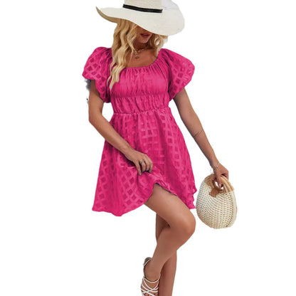 Robe mini femme – Manches bouffantes – Encolure carrée – Taille froncée – Tissu léger