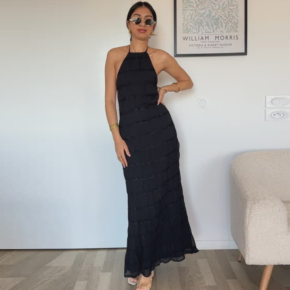 Robe longue femme – Coupe moulante – Tissu plissé – Dos nu – Tenue élégante