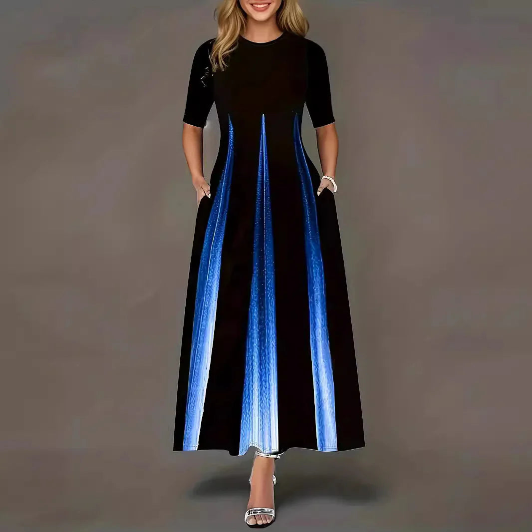 Robe longue femme – Coupe fluide – Jupe plissée – Manches courtes – Poches latérales