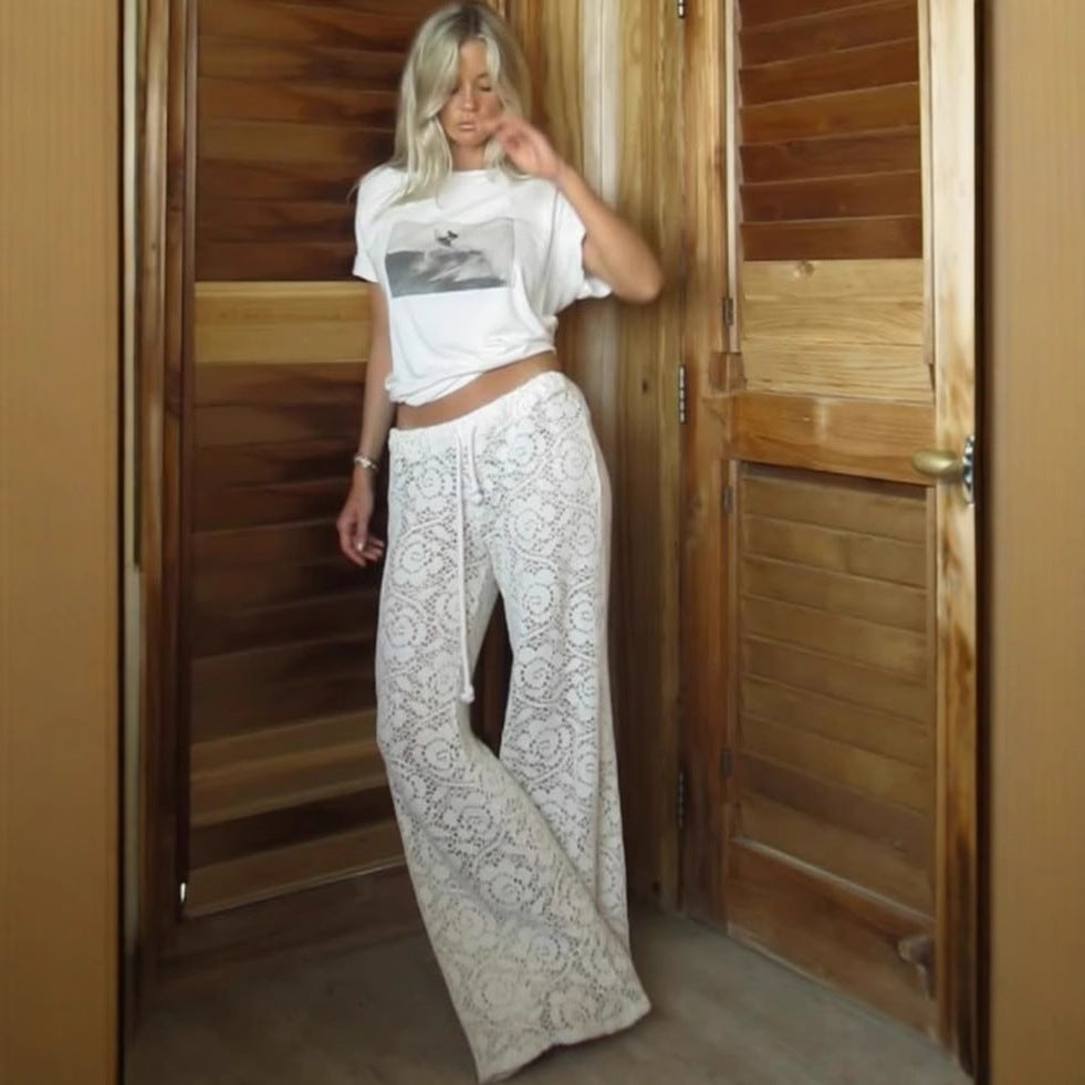 Pantalon large pour femme - Dentelle transparente - Longueur totale