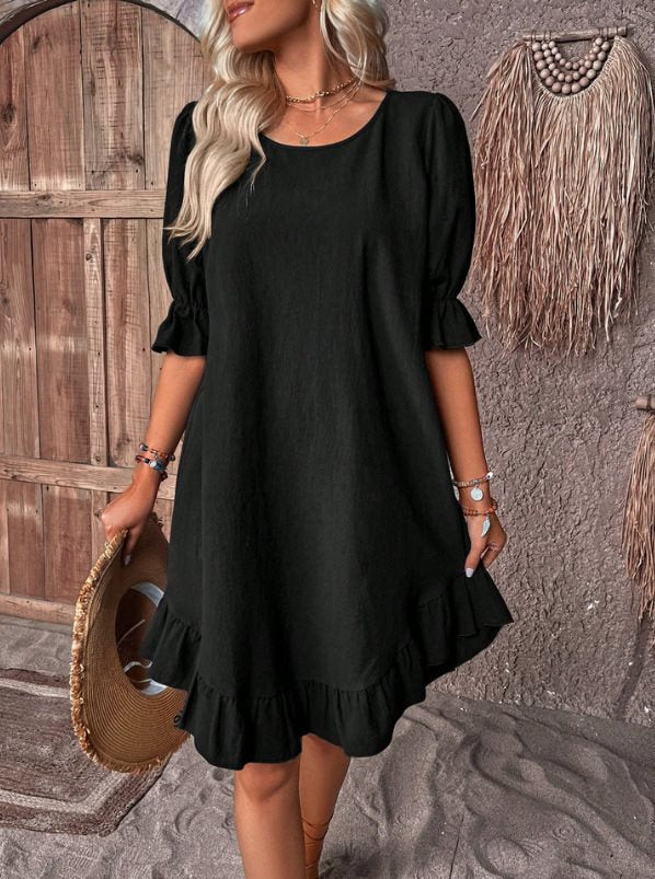 Robe midi femme – Coupe ample – Manches volantées – Ourlet fluide – Tissu respirant
